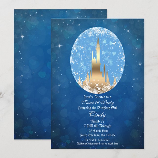 Blue Gold Fairy Tale Castle Sparkle Sweet 16 Invitation (Front/Back)