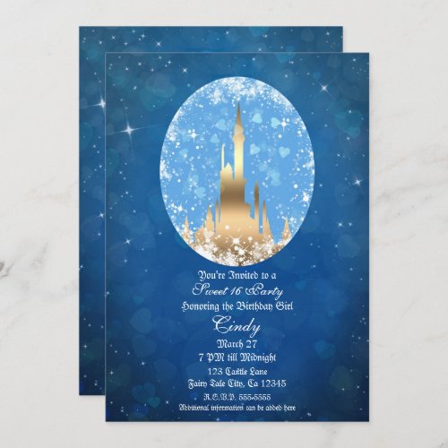 Blue Gold Fairy Tale Castle Sparkle Sweet 16 Invitation