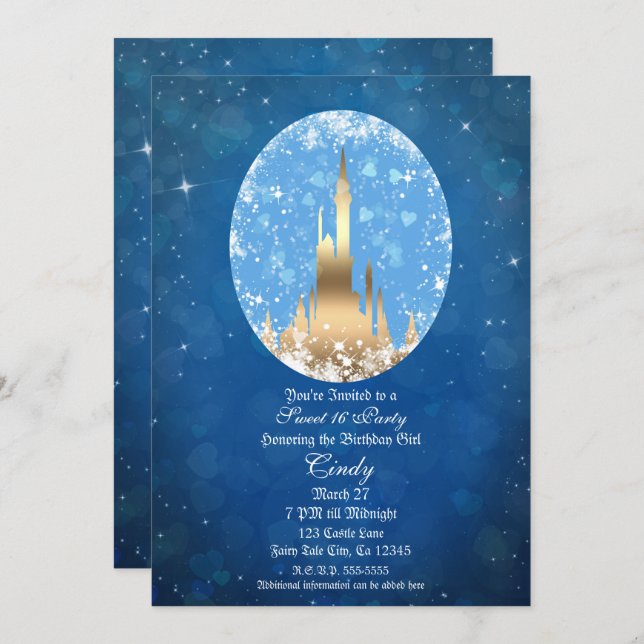 Blue Gold Fairy Tale Castle Sparkle Sweet 16 Invitation (Front/Back)