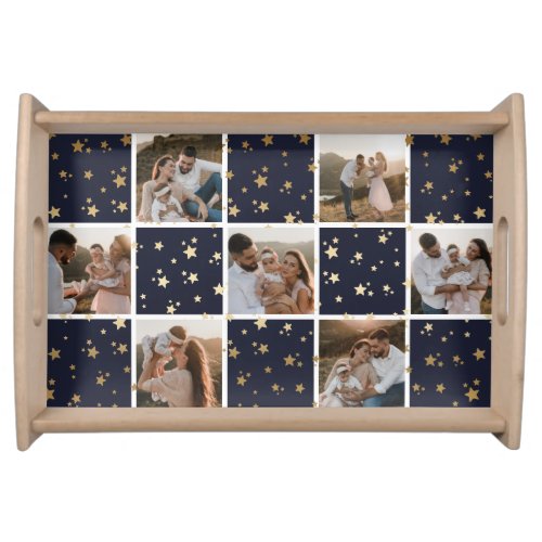 Blue Gold Family Photo Collage Christmas Holiday Serving Tray