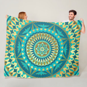 Blue Gold Fantasy Mandala Fleece Blanket