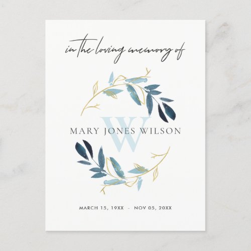 BLUE GOLD FAUNA WREATH SYMPATHY MEMORIAL SERVICE INVITATION POSTCARD