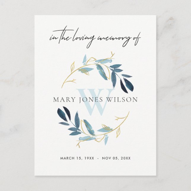 BLUE GOLD FAUNA WREATH SYMPATHY MEMORIAL SERVICE INVITATION POSTCARD (Front)