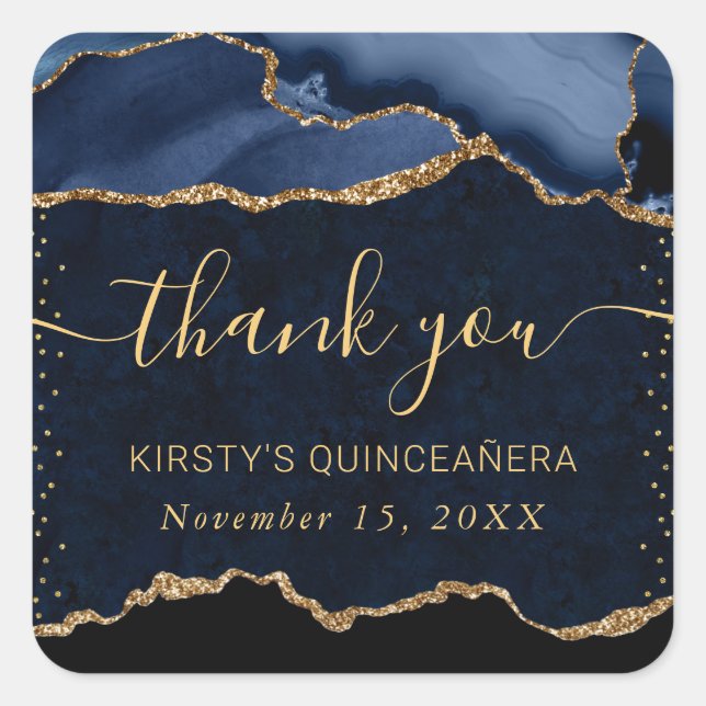 Blue & Gold Faux Glitter Agate Marble Quinceanera Square Sticker (Front)