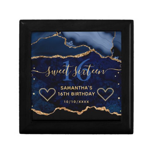 Blue  Gold Faux Glitter Agate Marble Sweet 16 Gift Box