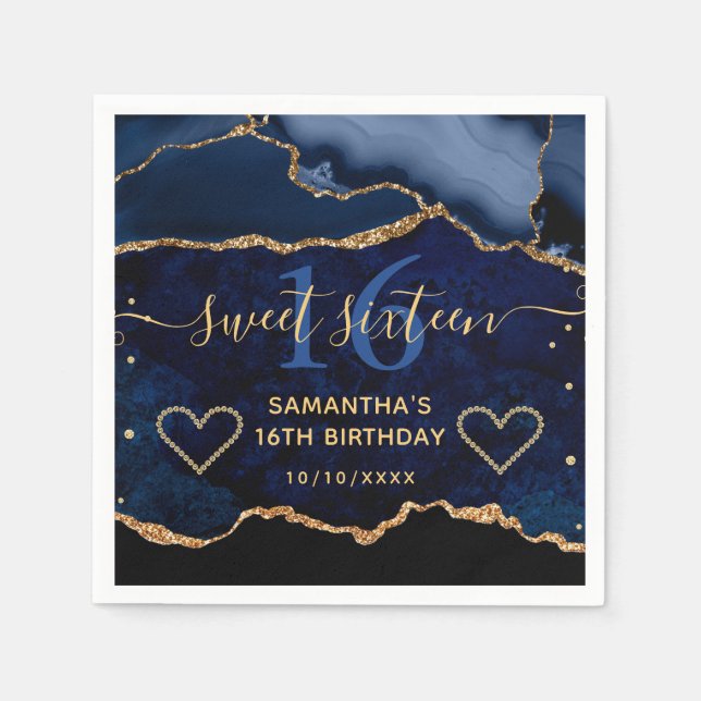 Blue & Gold Faux Glitter Agate Marble Sweet 16 Napkins (Front)