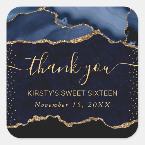 Blue   Gold Faux Glitter Agate Marble Sweet 16 Square Sticker