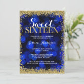Blue Gold Faux Glitter Lights Sweet 16 Birthday Invitation (Standing Front)