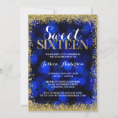 Blue Gold Faux Glitter Lights Sweet 16 Birthday Invitation (Front)