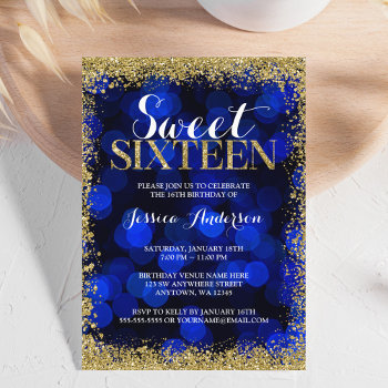 Blue Gold Faux Glitter Lights Sweet 16 Birthday Invitation by printcreekstudio at Zazzle
