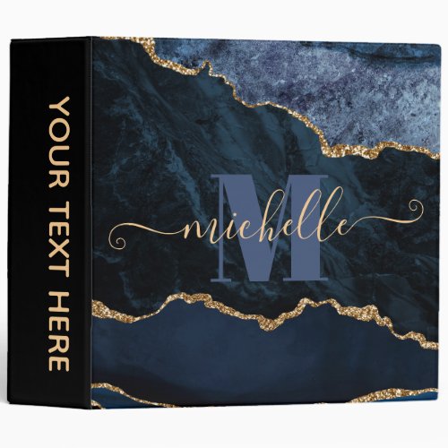 Blue  Gold Faux Glitter Marble Agate 3 Ring Binder