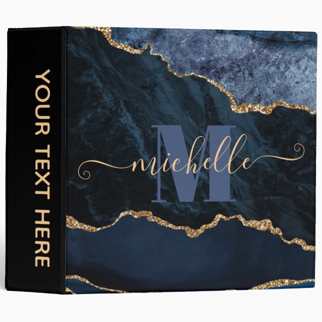 Blue & Gold Faux Glitter Marble Agate 3 Ring Binder (Front/Spine)