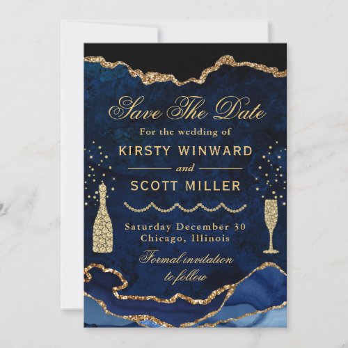 Blue  Gold Faux Glitter Marble Agate Wedding Save The Date