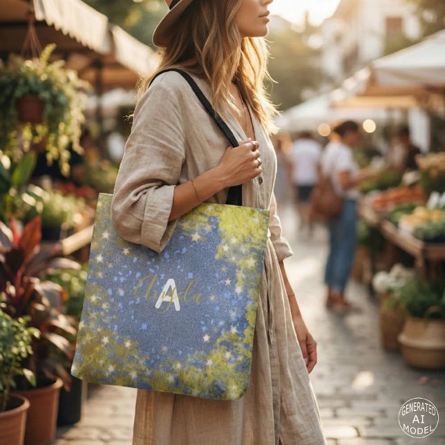 Blue & Gold Faux Glitter Sparkle Monogram Name Tote Bag (Creator Uploaded)