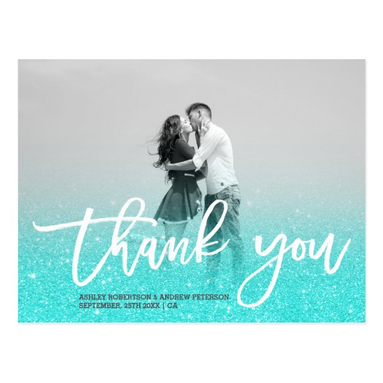 Blue gold faux glitter turquoise photo thank you postcard