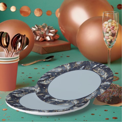 Blue Gold Feathers Stars Birthday Paper Plates
