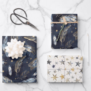 Blue Gold Feathers Stars Birthday Wrapping Paper Sheets
