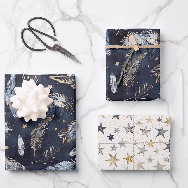 Blue Gold Feathers Stars Birthday Wrapping Paper Sheets (Front)