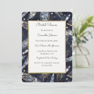 Blue Gold Feathers Stars Bridal Shower Invitation