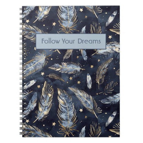 Blue Gold Feathers Stars Notebook