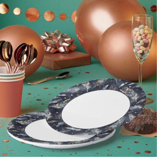 Blue Gold Feathers Stars White Birthday Paper Plates