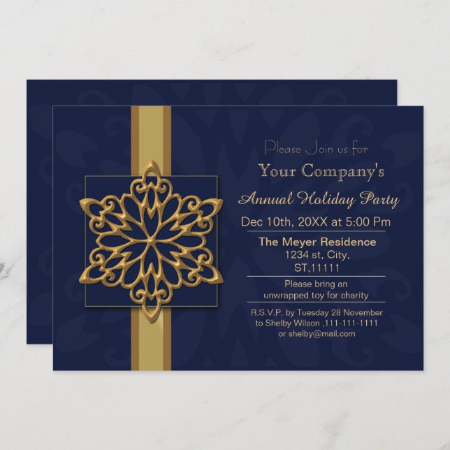 blue Gold Festive Corporate holiday party Invite (Front/Back)