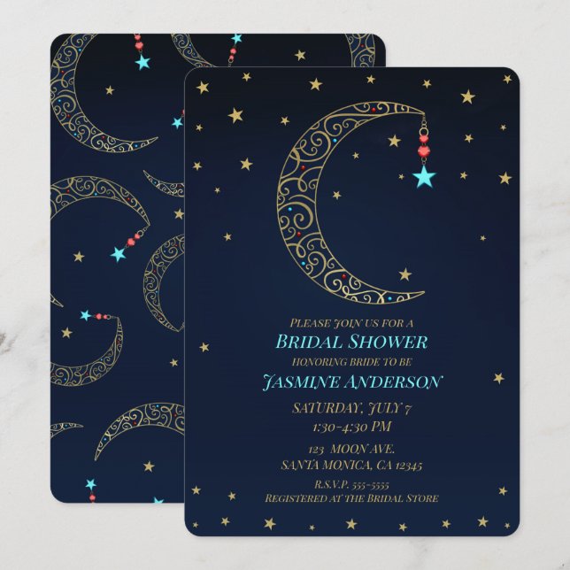 Blue Gold Filigree Moon Celestial Bridal Shower Invitation (Front/Back)