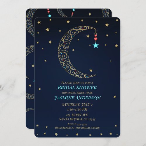 Blue Gold Filigree Moon Celestial Bridal Shower Invitation