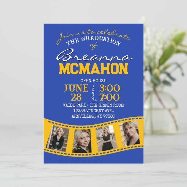 Blue & Gold Filmstrip 5 Photo Graduation Invitation (Standing Front)