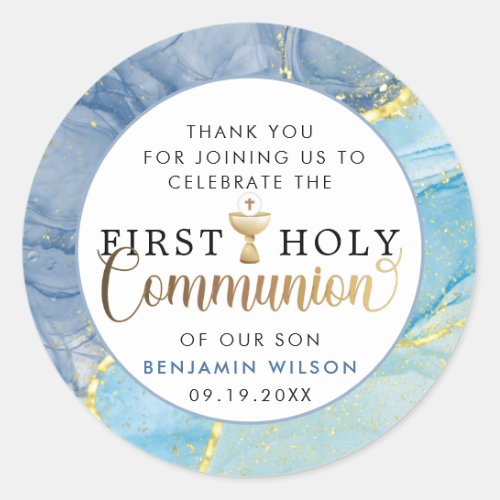  Blue  Gold First Holy Communion Thank You  Classic Round Sticker