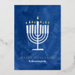 Blue Gold Flame Menorah Foil Holiday Card<br><div class="desc">A geometrically modern styled menorah with real shiny foil flames and greeting plus your family photo on the back makes this custom Hanukkah card an easy choice this holiday season.</div>