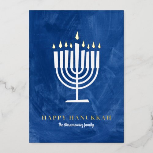 Blue Gold Flame Menorah Foil Holiday Card