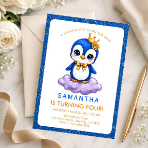 Blue Gold Flamingo 4th Birthday Invitation