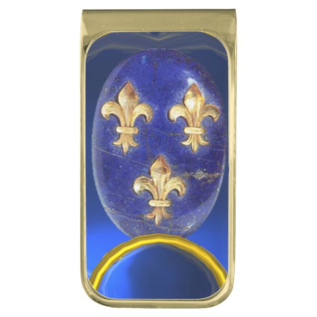 BLUE GOLD FLEUR DE LIS GOLD FINISH MONEY CLIP (Front Vertical)