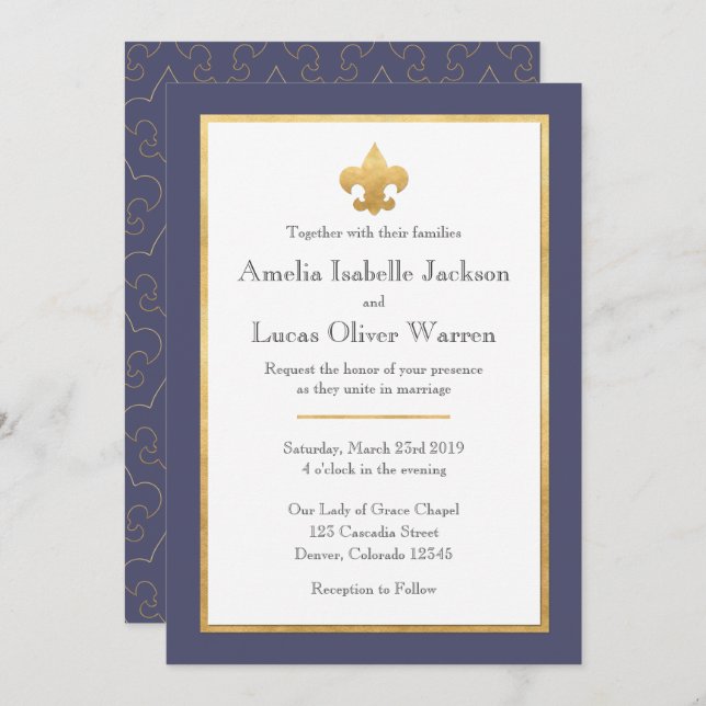 Blue & Gold Fleur De Lis Wedding Invitation (Front/Back)