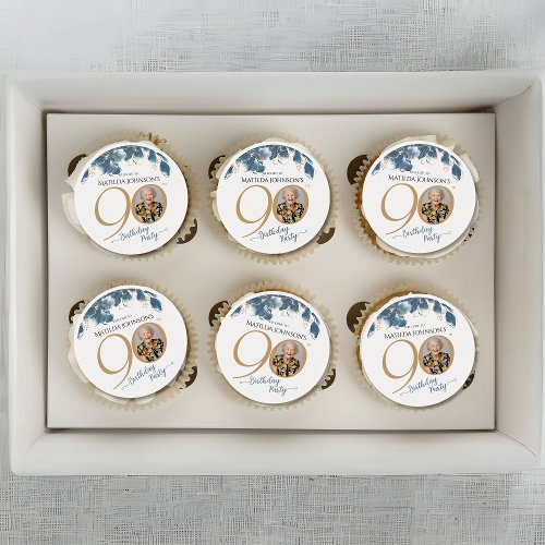Blue Gold Floral 90th Birthday Custom Edible Frosting Rounds