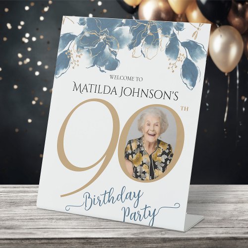 Blue Gold Floral 90th Birthday Party Welcome Pedestal Sign