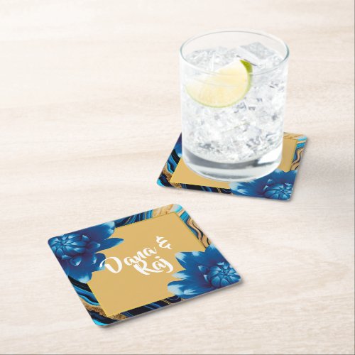 Blue  Gold Floral Agate Marble Wedding  Square Paper Coaster