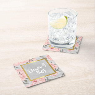 Blue & Gold Floral Agate Marble Wedding Square Paper Coaster