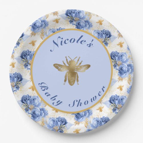 Blue  Gold Floral Bee Baby Shower Paper Plates