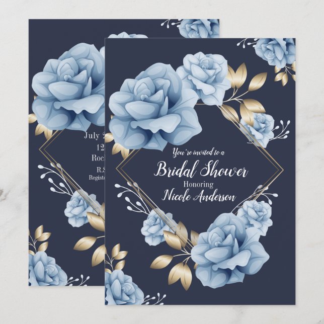 Blue & Gold Floral Botanical Bridal Shower Invitation (Front/Back)