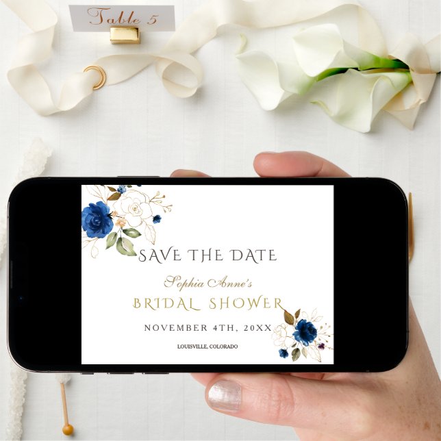 Blue Gold Floral Bridal Shower Save The Date (Front Digital)