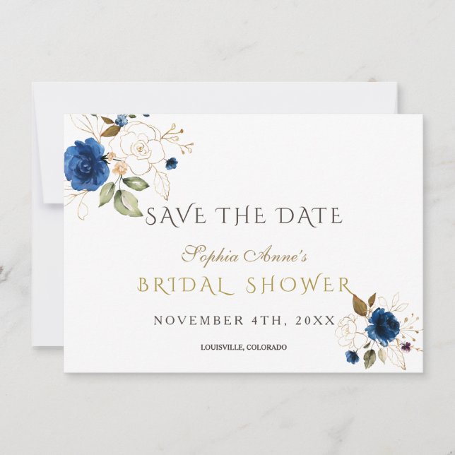 Blue Gold Floral Bridal Shower Save The Date (Front)