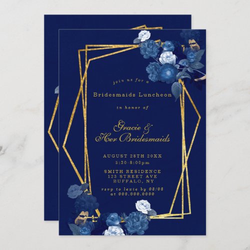Blue  Gold Floral Bridesmaids Luncheon Invites