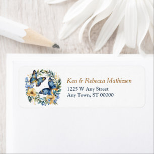Blue Gold Floral Butterfly Wreath Return Address Label