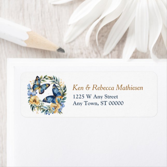 Blue Gold Floral Butterfly Wreath Return Address Label (Insitu)