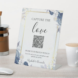 Blue Gold Floral Capture The Love Wedding Pedestal Sign