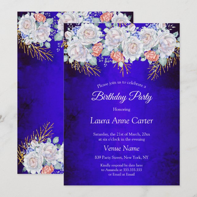 Blue Gold Floral Coral Birthday Party Invitation (Front/Back)