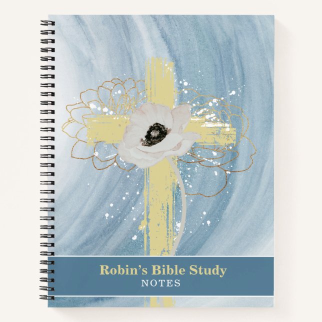 Blue Gold Floral Cross Personalized Bible Study Notebook (Front)
