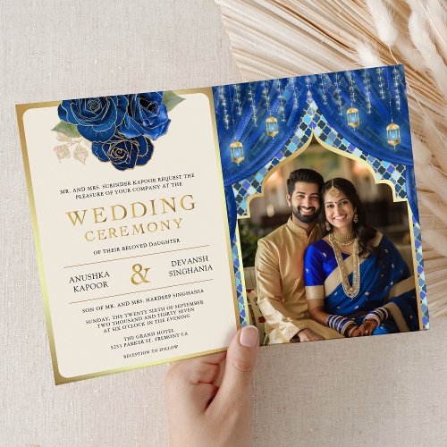 Blue Gold Floral Curtain Indian Hindu Wedding Invitation